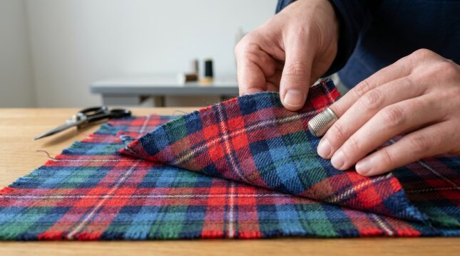 A craftsman's hands pin gingham fabric to a table, measuring its length in preparation for sewing. Sewing, creating fabric patterns, tailoring.