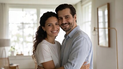 Obraz premium Couple shares warm embrace and smiles in sunlit modern living space.