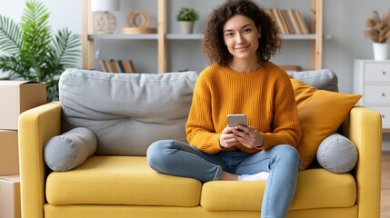 Obraz premium Young woman relaxing on a new yellow sofa while browsing her smartphone