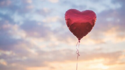 Fototapeta premium Heart shaped balloon floats through dramatic clouds during colorful sunset