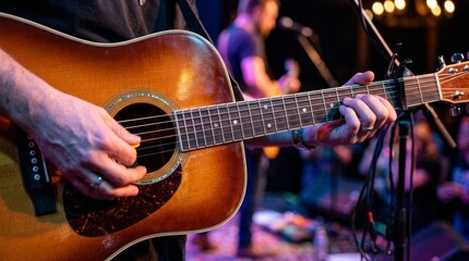 Obraz premium Musician's hands playing acoustic guitar on stage during a live concert or performance with blurred background lights