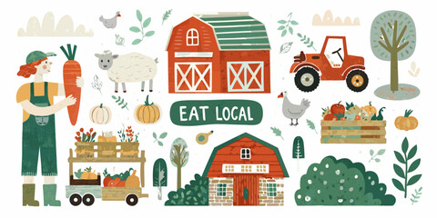 Naklejka premium farm scene with eat local sign vector