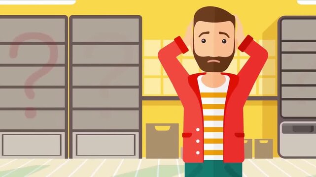 Confused Man Scratching Head with Question Marks Office Cabinet Setup