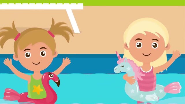 Two Young Girls Playing with Inflatable Floats in Swimming Pool Resort