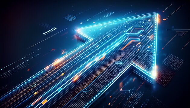 futuristic arrow design made of digital pixels and connecting data points moving forward