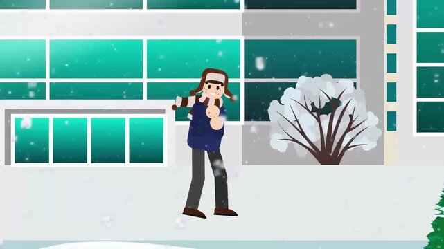 Commuter Man Walking with Backpack in Snowing Winter City Office Plaza