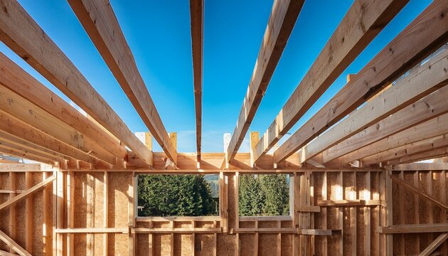 detailed view of a rustic wooden structural framework in a building under construction