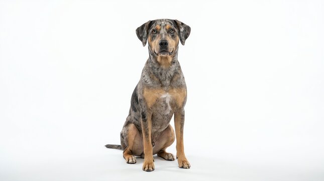 Cute mixed breed dog sitting calmly against a clean white studio background in a professional portrait
