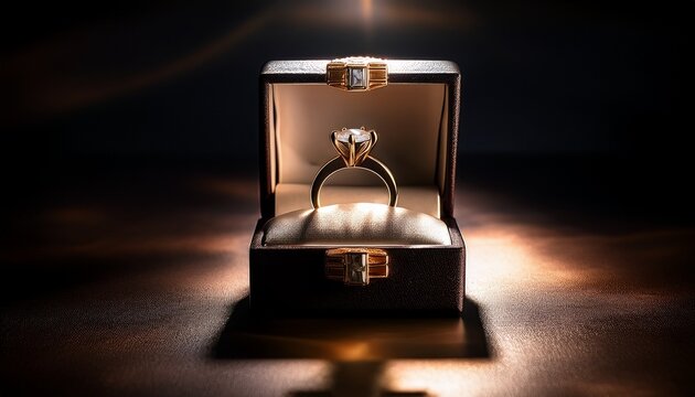 cinematic lighting shapes the box and highlights the finely crafted ring inside
