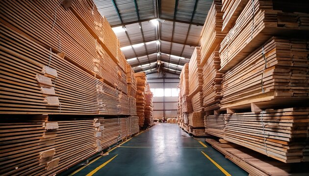 large stacks of wooden panels inside a commercial warehouse