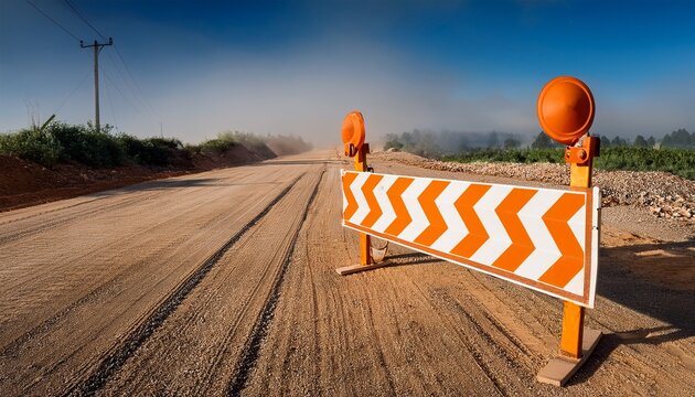 construction barrier on a dusty road at a work zone blocking the way
