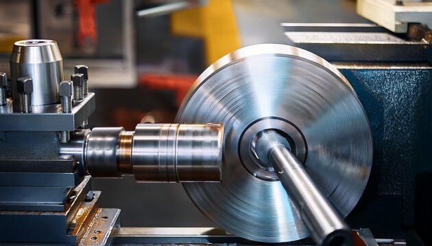 a high speed industrial metal shaft rotates on a precision hining lathe within a brightly lit factory workshop