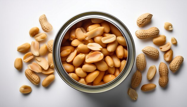 metal tin can with salted peanuts without lid neat delicious peanut beans jar with no labels on white background view from above