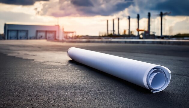 rolled blueprint lies on asphalt in a blurred industrial logistics area under a moody overcast sky symbolizing planning