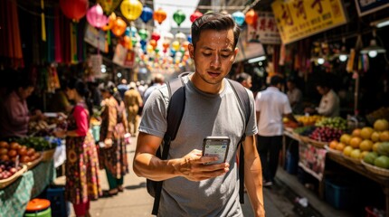 Obraz premium Man using smartphone in vibrant Asian market street