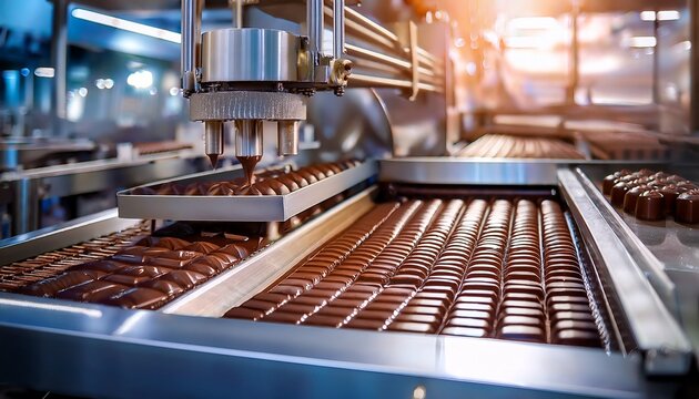 process of bottling of chocolate into candy molds on production line chocolate candies on conveyor belt in factory modern technologies close up