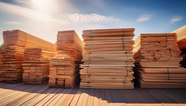 neatly stacked raw lumber planks outdoors on a sunny day showcasing their natural wood grain and texture