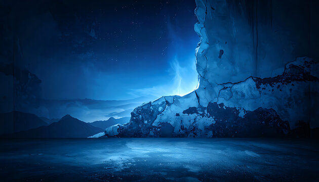 Surreal blue alien landscape with textured rocky outcrops and pixelated distant mountains under a starry night sky, mysterious and otherworldly atmosphere