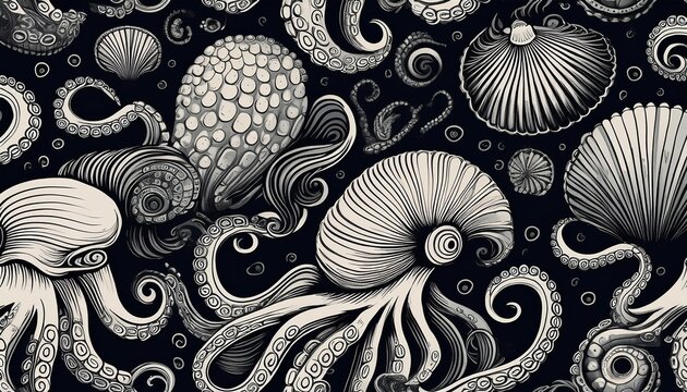 complex seamless pattern featuring various sea creatures such as octopuses and shells in a line art style