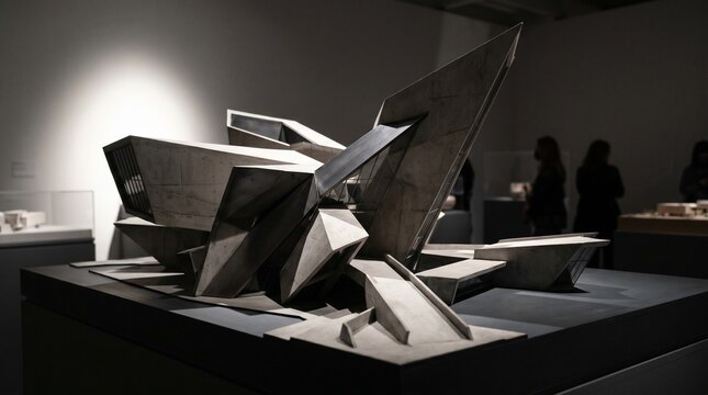 Architectural model of a deconstructivist building displayed in a museum gallery