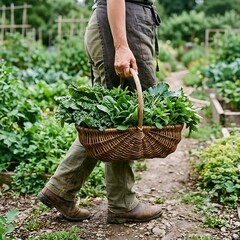 Fototapeta premium Woman carrying a basket full of fresh organic greens harvested from a lush garden, showcasing a healthy lifestyle and sustainable agriculture