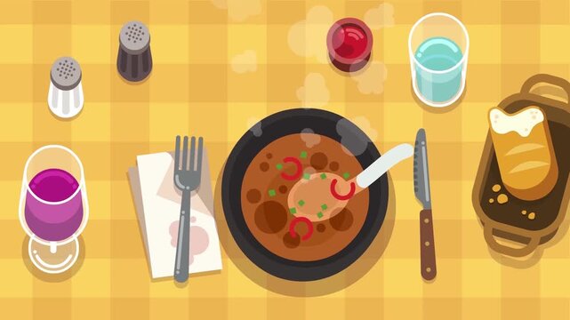 Top View Layout of Gourmet Dinner Table with Soup and Wine Animation