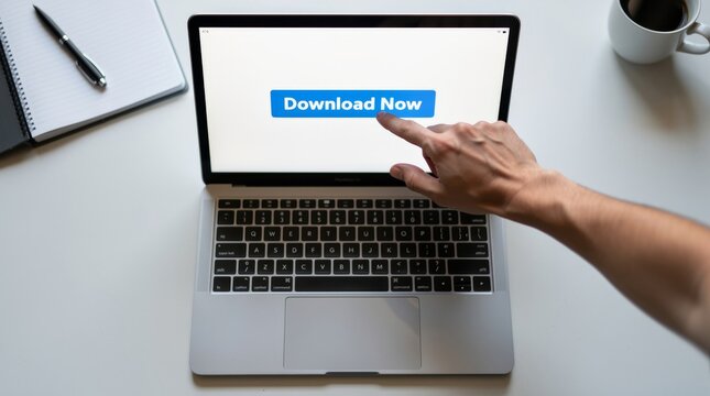 Person Clicking a Download Button on a Laptop Screen