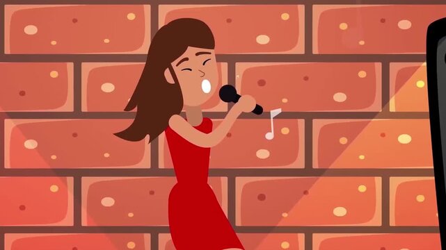 Female Pop Singer Performing with Microphone by Large Speakers Animation