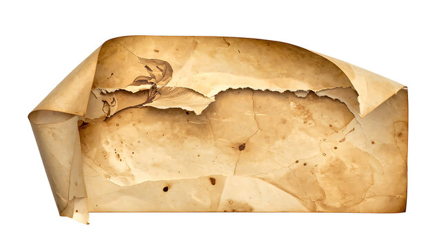 Tattered and burnt old parchment paper with torn edges and stains, aged textured scroll, historical document cutout