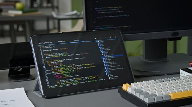 No people close-up of tablet with website code, smartphone and computer with keyboard on desk of developer at IT company, demonstrating work on mobile applications for digital gadgets