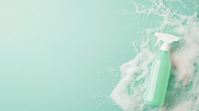 Bright green cleaning spray bottle lies amidst foamy white bubbles on an aqua surface. Essential hygiene for virus prevention.