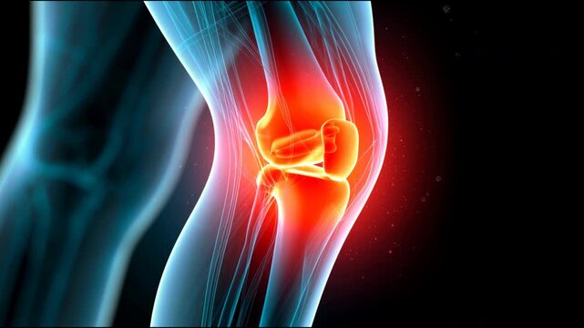 Xray view of human knee joint with inflammation red glow