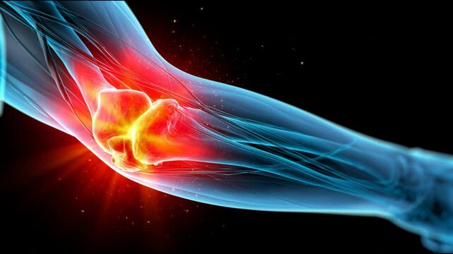 Xray view of human elbow joint with red painful glow