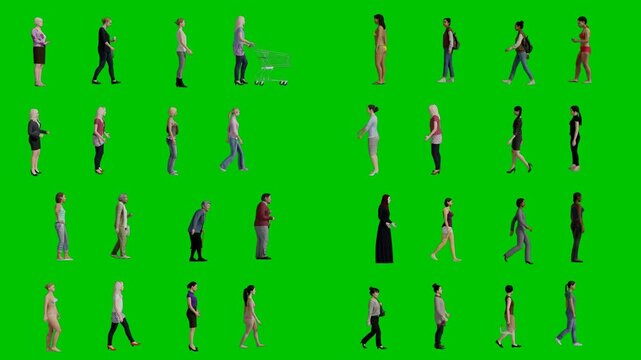 3D animated cartoon animation showing various people walking cycling interacting casually on vibrant green screen chromakey background. Ideal for background replacement motion design stock footage edi