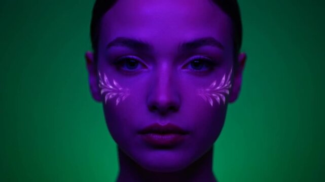 Woman with glowing face paint designs.