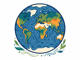 Obraz premium Stylized illustration of the Earth with flowing ocean currents and leaves