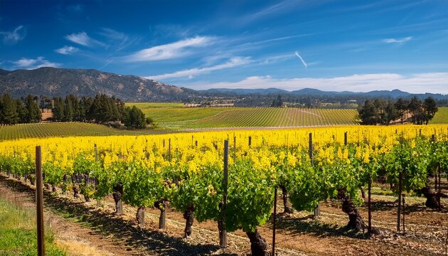 Zinfandel Plant Vineyard And Yellow Flowers In Springtime In Sonoma County California