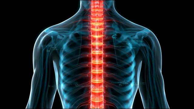 Human spine glowing red along entire back xray view