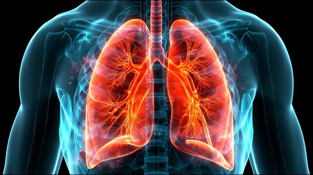Human lungs glowing orange inside transparent chest xray view