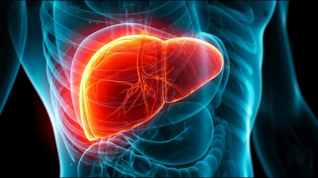 Human liver glowing red inside transparent torso xray view