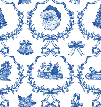 Vintage christmas toile graphic seamless pattern with santa sleigh ornaments cottages and festive decoration