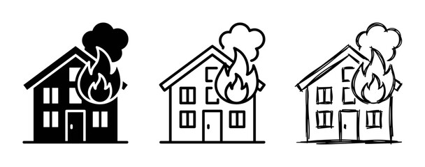 Fototapeta premium 3 House Fire Icons, Silhouette Outline Sketch, for Emergency Services