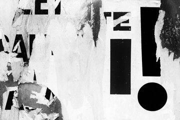 Fototapeta na wymiar Old ripped torn black and white fly posters textures backgrounds grunge creased crumpled paper vintage collage placards empty space for text