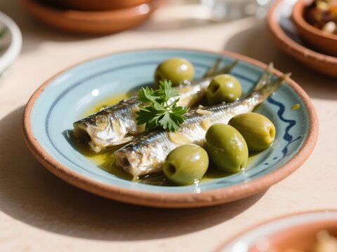 Spanish Tapas Featuring Marinated Boquerones with Olive Garnish