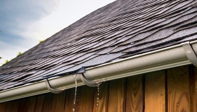 wet shingles and gutter edge with rainwater runoff on a residential roof