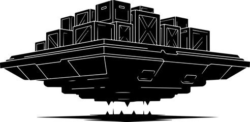 Obraz premium Futuristic spaceship, cargo ship, black and white illustration, vector graphic, sci-fi transportation