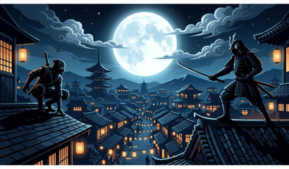 Ninja and Samurai Silhouettes Under Full Moon with Japanese Cityscape Vector Illustration © MDMunna