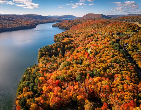 aerial view of vibrant fall foliage surrounding seneca lake in the picturesque finger lakes region of upstate new york