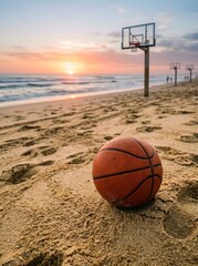 Basketball on sandy beach, sunset over ocean.