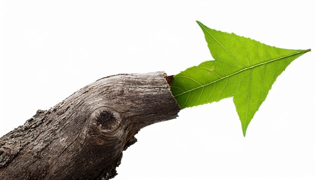 green leaf arrow growing from tree trunk on white background
